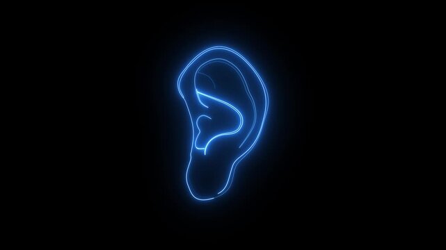 Glowing blue neon human ear outline icon
