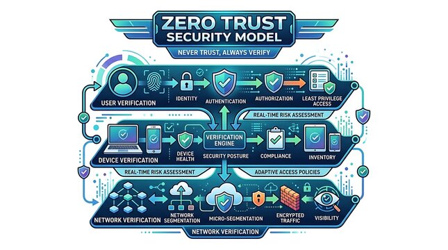 Zero trust security model and cyber protection framework infographic