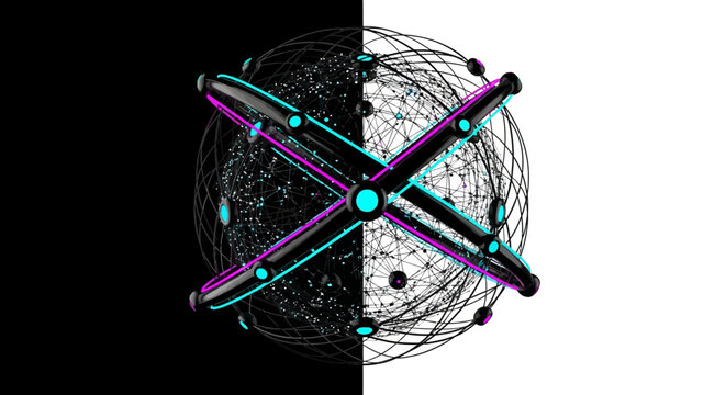 Abstract Digital Sphere With Intersecting Neon Orbital Rings Featuring A Minimalist Split Black And White Background