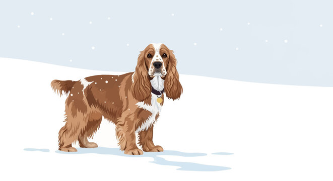 Vector illustration of a brown and white English Cocker Spaniel dog standing in a snowy field with falling snowflakes, featuring long ears, a collar with tag, and detailed fur texture.