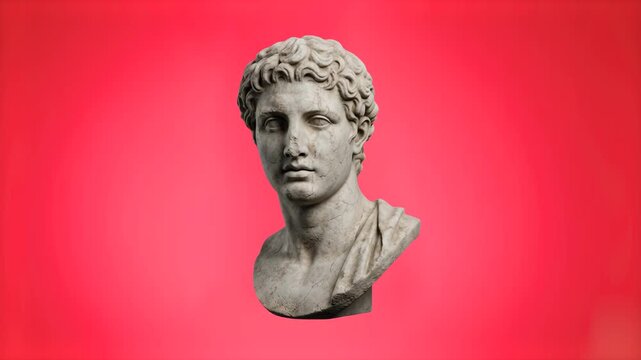 A classic marble bust statue of an ancient Greek or Roman man isolated against a solid vibrant pink background. Ideal for synthwave art, vaporwave aesthetics, creative design agency media, art history