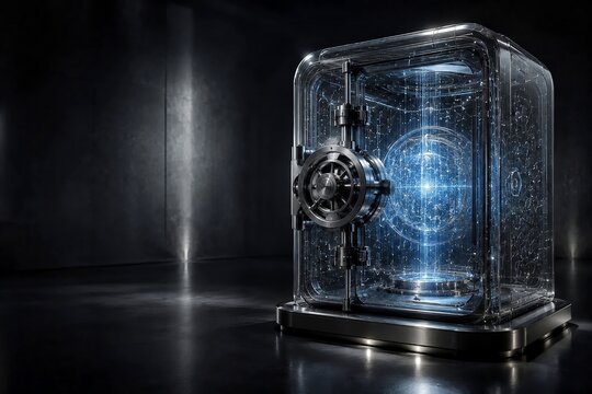 Futuristic Transparent Glass Vault with Glowing Quantum Core