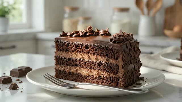 Decadent chocolate layer cake slice with chocolate shavings on white plate beside fork