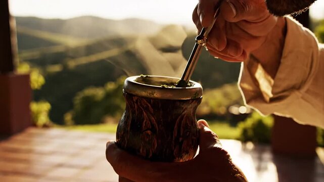 Hands holding traditional yerba mate gourd outdoors at golden hour