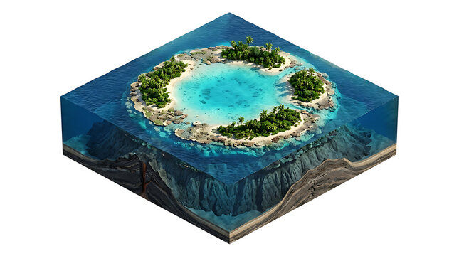Detailed 3D geological cross section of an isolated coral atoll island in the ocean