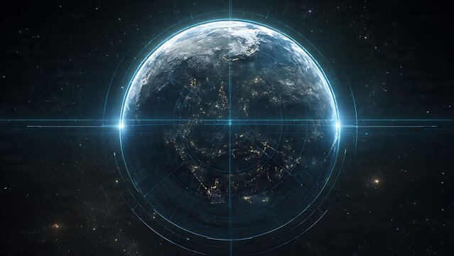 A futuristic sci-fi visual of planet Earth viewed from space, encircled by glowing digital HUD user interface crosshairs and targeting reticles, representing global tracking or satellite surveillance.