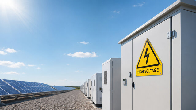 High voltage warning sign on a solar power station metal enclosure