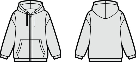 Technical fashion sketch of a casual zip up hoodie with front and back views © MstMohasana
