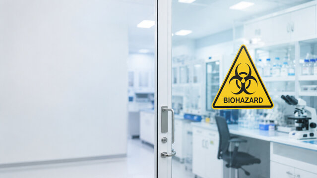 Biohazard safety warning sign on a glass door of a medical laboratory