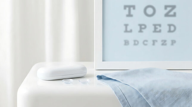 Contact lens case on a white surface with an eye chart in the background for vision care concept