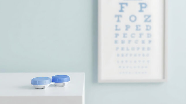 Blue contact lens case on white shelf with blurred eye chart in ophthalmologist office for optical vision care