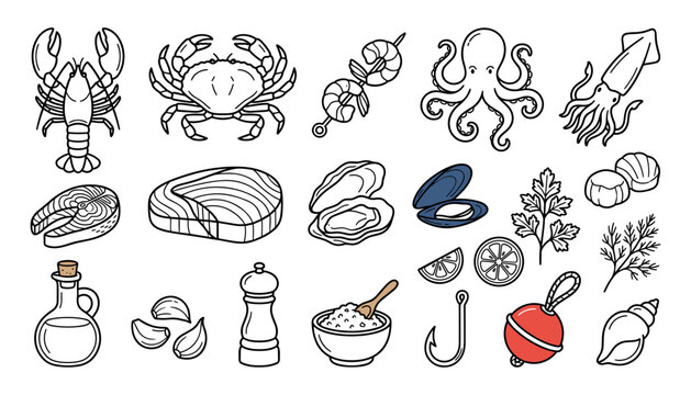 A collection of hand drawn seafood icons featuring various shellfish crustaceans and ocean creatures for restaurant menus and culinary designs