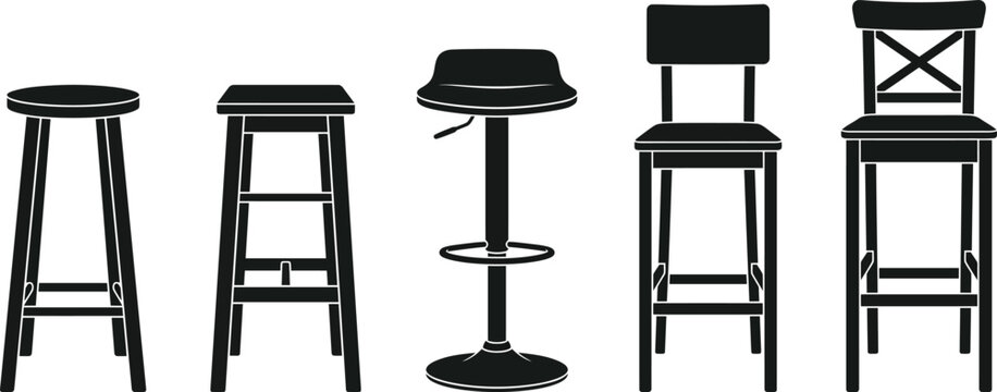A collection of five different styles of bar stools isolated on a white background
