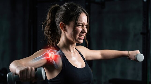 Young Athletic Woman Feeling Shoulder Joint Pain During Dumbbell Lateral Raise Exercise with Anatomical Red Pain Overlay