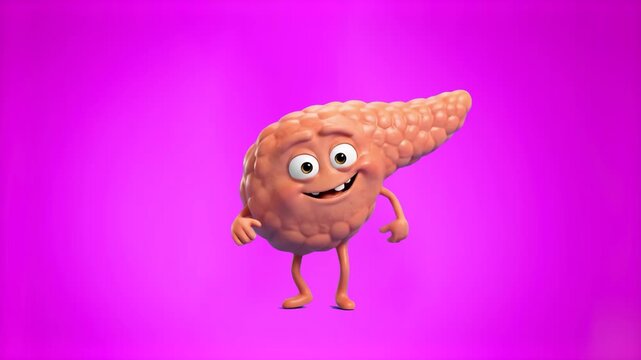 A cute 3D rendered pancreas organ character dancing cheerfully against a bright pink magenta backdrop. Suitable for health and medical videos, educational media, healthcare campaigns, and infographics
