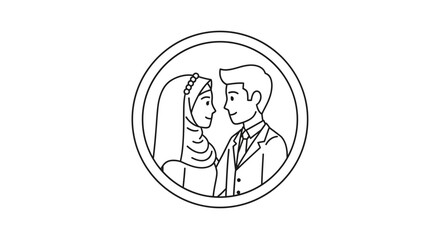 Fototapeta premium Muslim Wedding Couple Icon Illustration Bride Groom Circle Minimalist Line Art