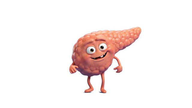A friendly 3D cartoon pancreas organ character performs a fun dance routine against a vibrant blue chroma key background. Perfect for medical promos, health animation, and educational video projects.