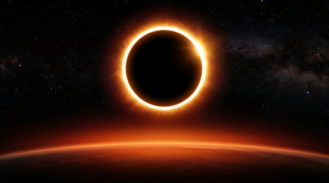 Stunning total solar eclipse glowing in deep space above a fiery red planet horizon background