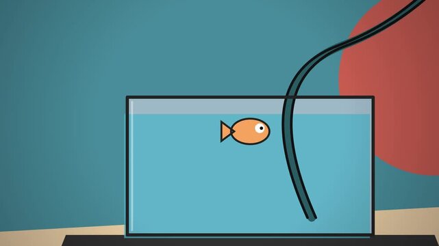 2D animation of a goldfish in an aquarium being drained by a hose and then refilled with water