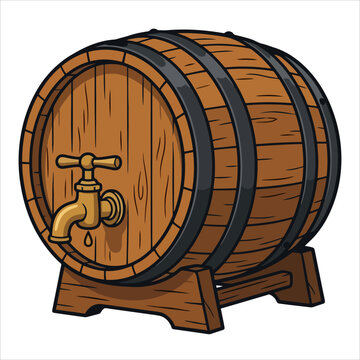 Wooden barrel with a brass tap on a stand isolated on white background