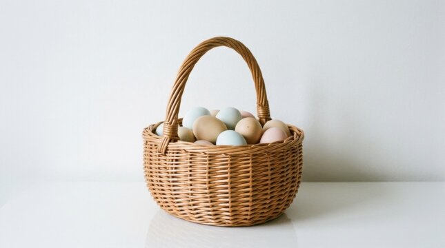 Rustic Wicker Basket Filled with Colorful Pastel Eggs on White Minimalist Background