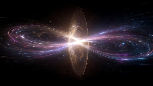 Abstract cosmic visualization of a central glowing event horizon emitting a bright energetic beam, dividing two swirling galaxy disks connected in an infinity loop across deep dark space.