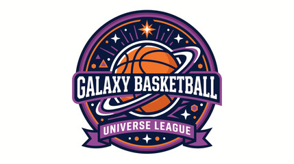 A circular logo design featuring a basketball surrounded by planetary rings in a space themed style. © morph