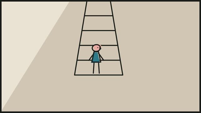 Stylized 2D animation of a stick figure character climbing a ladder to turn on a hanging lightbulb representing a bright idea or problem solving in vintage UPA style