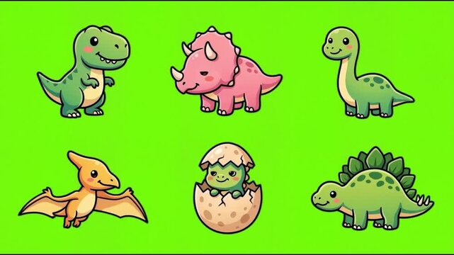 Cute Cartoon Dinosaur Character Set on Green Screen Chroma Key