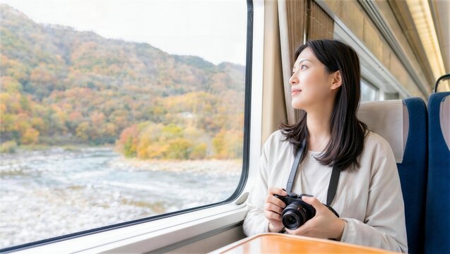 車窓の紅葉を眺めながら一人旅を楽しむ日本人女性