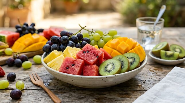 Fresh assorted fruit platter with sliced watermelon pineapple kiwi grapes outdoors