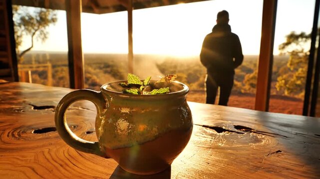 Warm mug on rustic table, person watching sunrise over forest