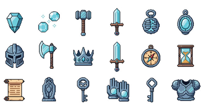 A collection of eighteen fantasy RPG pixel art icons featuring weapons, armor, tools, and gems in a consistent blue-toned, retro gaming style.