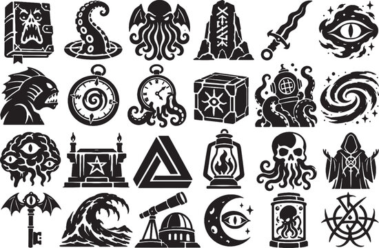 Eldritch Lovecraftian Cosmic Horror Cult Icon Set - Minimalist Vectors
