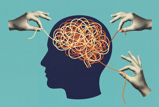 Abstract Silhouette of Human Mind Depicting Confused Lines and Hands Organizing Thoughts for Psychological Clarity and Counseling