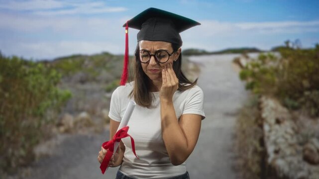 Young hispanic woman wearing graduation cap holding rolled diploma tied with red ribbon touches cheek with hand for toothache on rural street; reflection perseverance pain.