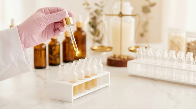 Dropper applying serum into glass vials with laboratory scale in background, cosmetic formulation concept