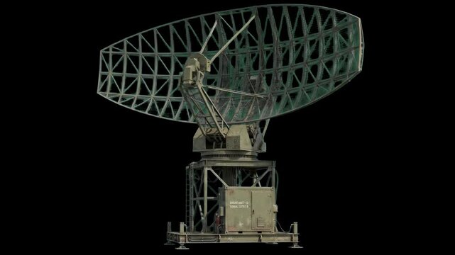A detailed 3D model of a military surveillance radar dish and communications antenna station isolated against a dark black backdrop. Designed for defense industry visual assets, technology documentari