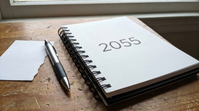 Spiral Notebook Number 2055 on Wooden Desk with Pen and Paper Scrap