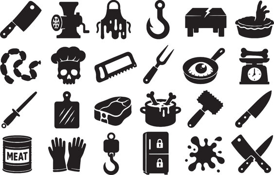 Macabre Butcher Cannibal Kitchen Horror Icon Set - Minimalist Vectors