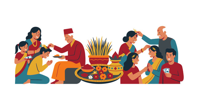 Dashain Festival Celebration with Family Illustration