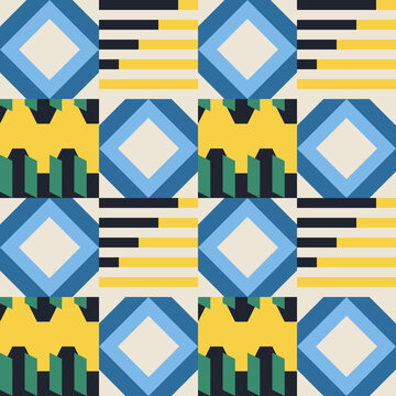 Seamless mirror pattern in cream, blue, sky blue - modern geometric background for wallpaper, textile and wrapping paper design