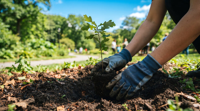 Person wearing protective gloves planting a young green oak tree sapling in fertile soil on a sunny day