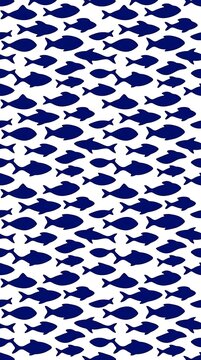 Seamless pattern of blue fish silhouettes on a white background