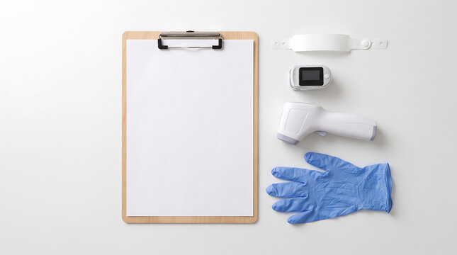 Blank clipboard with medical equipment including infrared thermometer and protective glove on a clean white background
