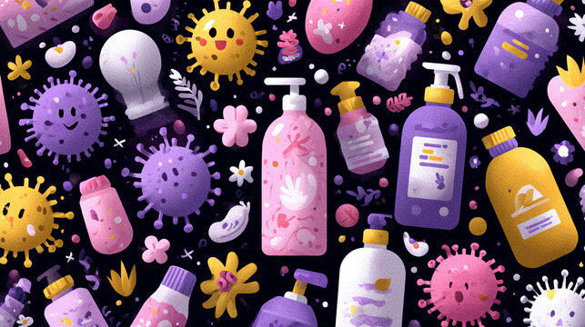 Hygiene products and virus cells pattern. Sanitizer bottles and bacteria icons for health.