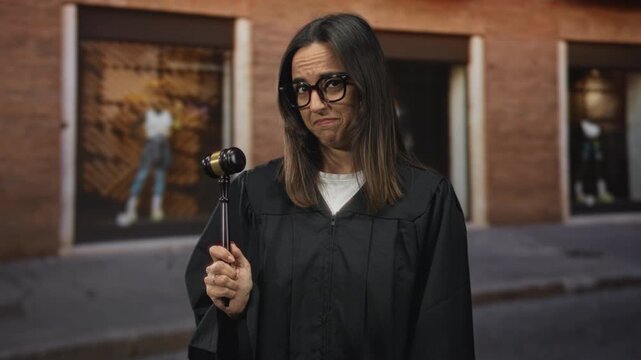 Woman judge in black robe holding gavel with hand to mouth gesture on a street with storefront windows; doubt reflection.
