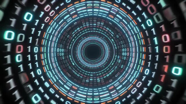 Abstract Digital Binary Code Tunnel with Glowing Cyber Data Streams and Futuristic Information Flow