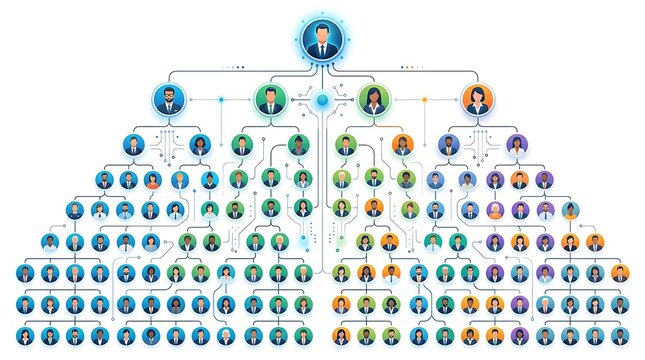 Modern corporate organizational chart with diverse professional icons
