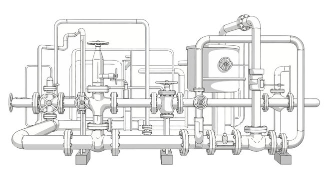 Technical drawing of an industrial piping network with intricate metal pipes, gate valves, storage tanks, flanges, and connectors for manufacturing and chemical plant engineering.